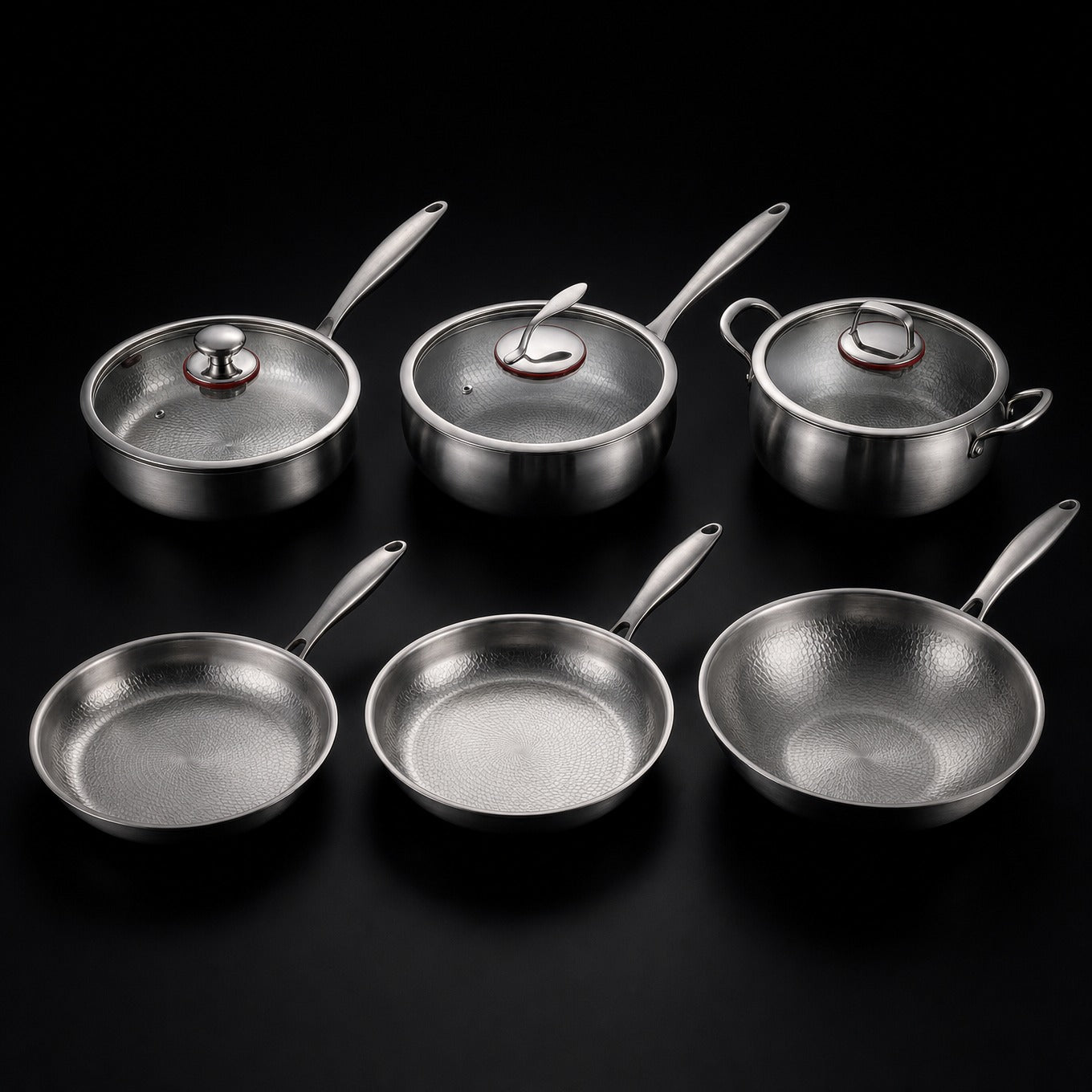 Handgehämmertes Titan-Küchenset Komplett mit 3 Deckeln (25, 28 & 30 cm)