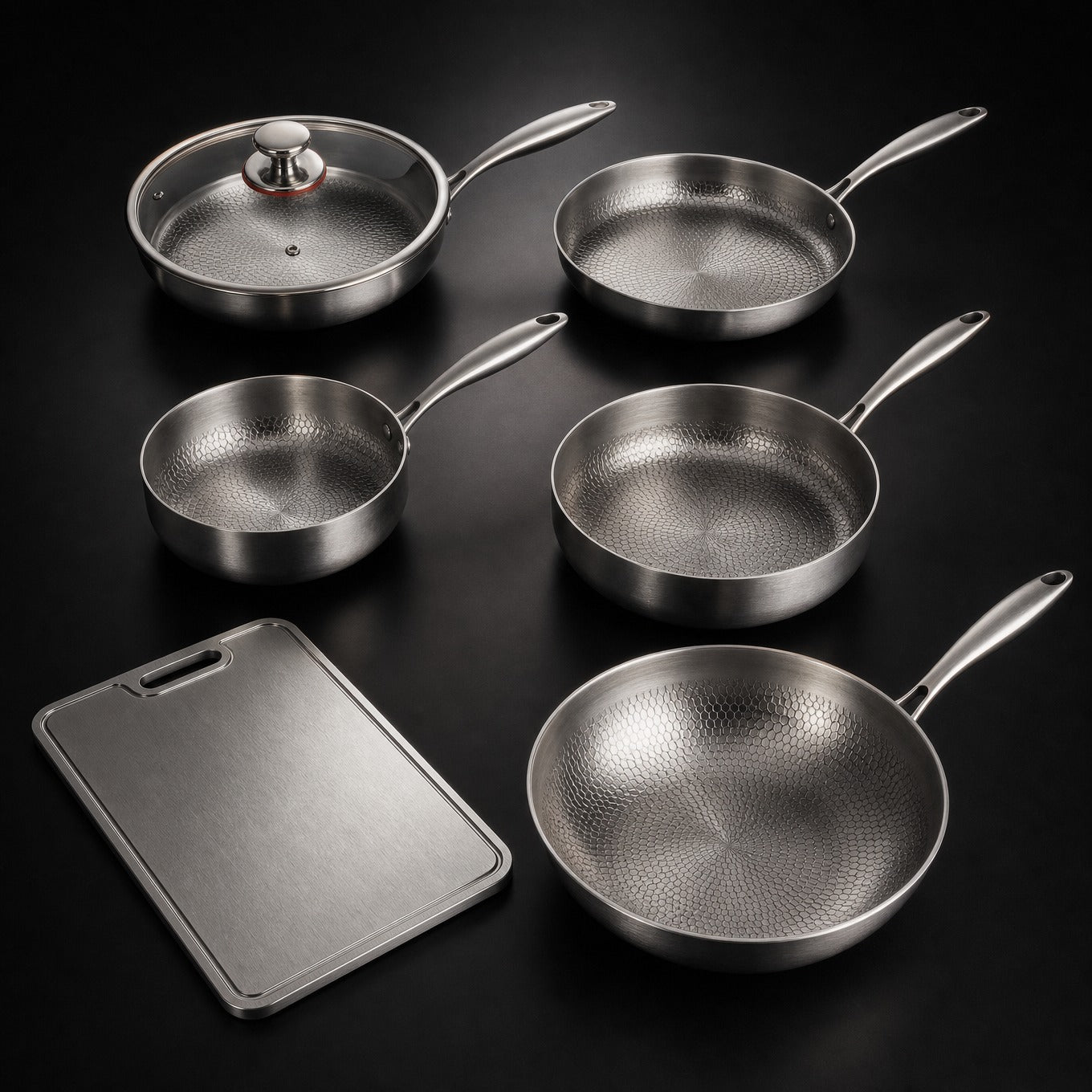 Hand-hammered titanium multi-pan cook set of five pans with cutting board, PFAS-free by Okura