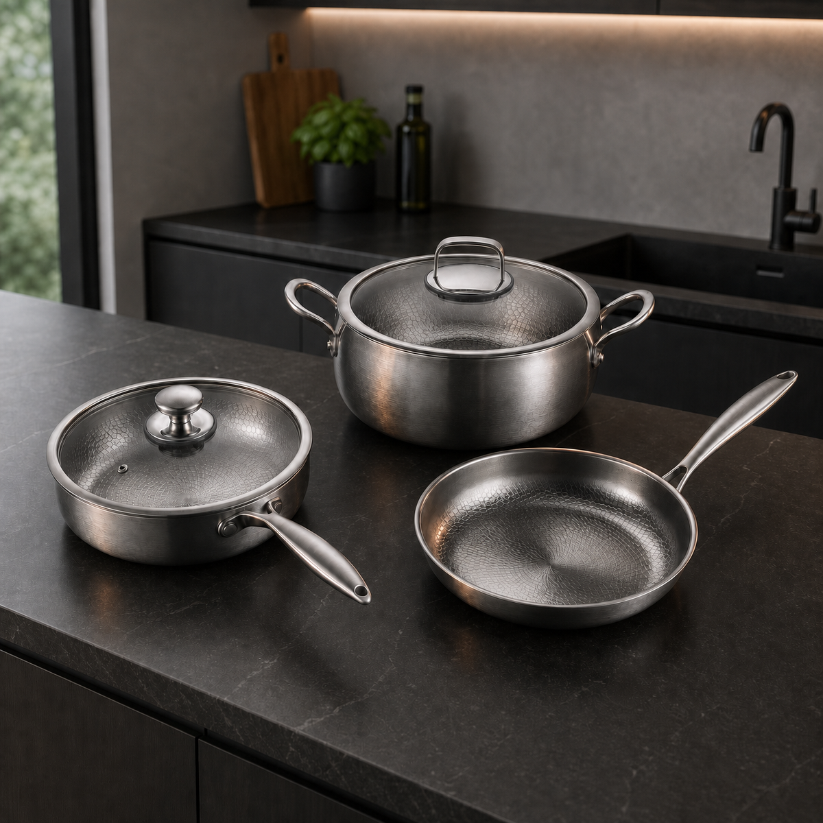 Handgehämmertes Premium-Kochset aus Titan mit 2 Deckeln (20, 23 & 25 cm)