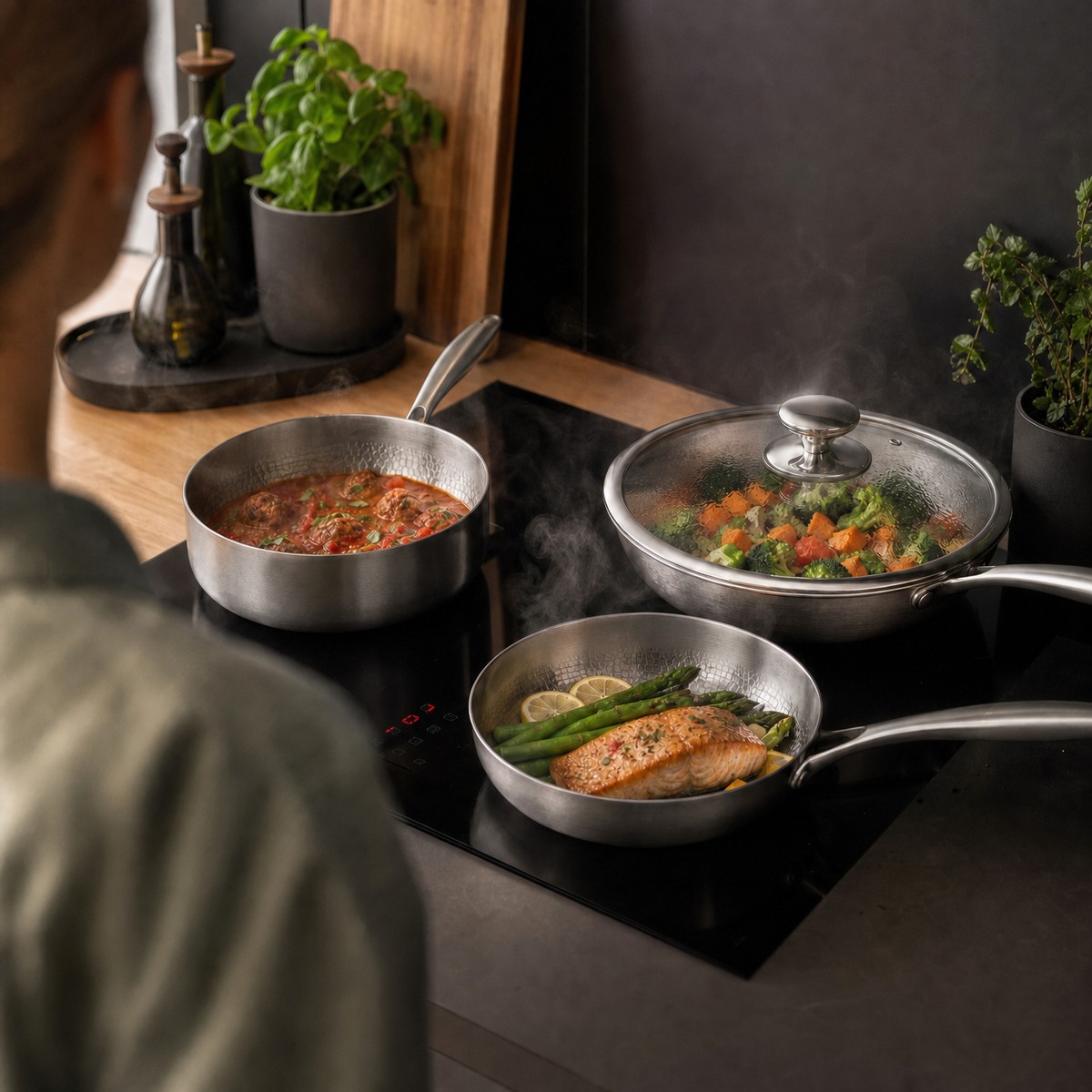 Handgehämmertes Titan-Wokset mit 1 Deckel (20, 20 & 25 cm)