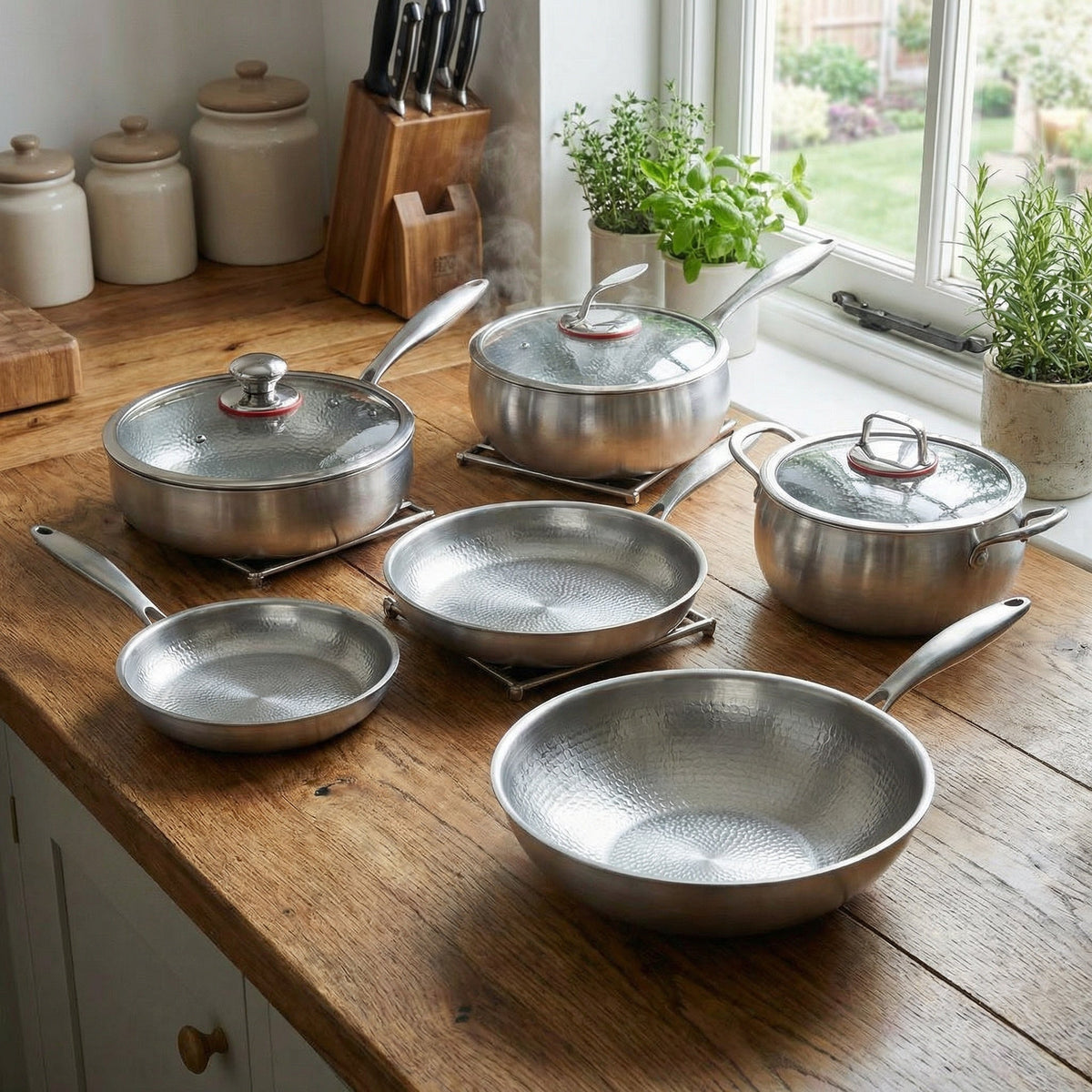 Handgehämmertes Titan-Küchenset Komplett mit 3 Deckeln (25, 28 & 30 cm)