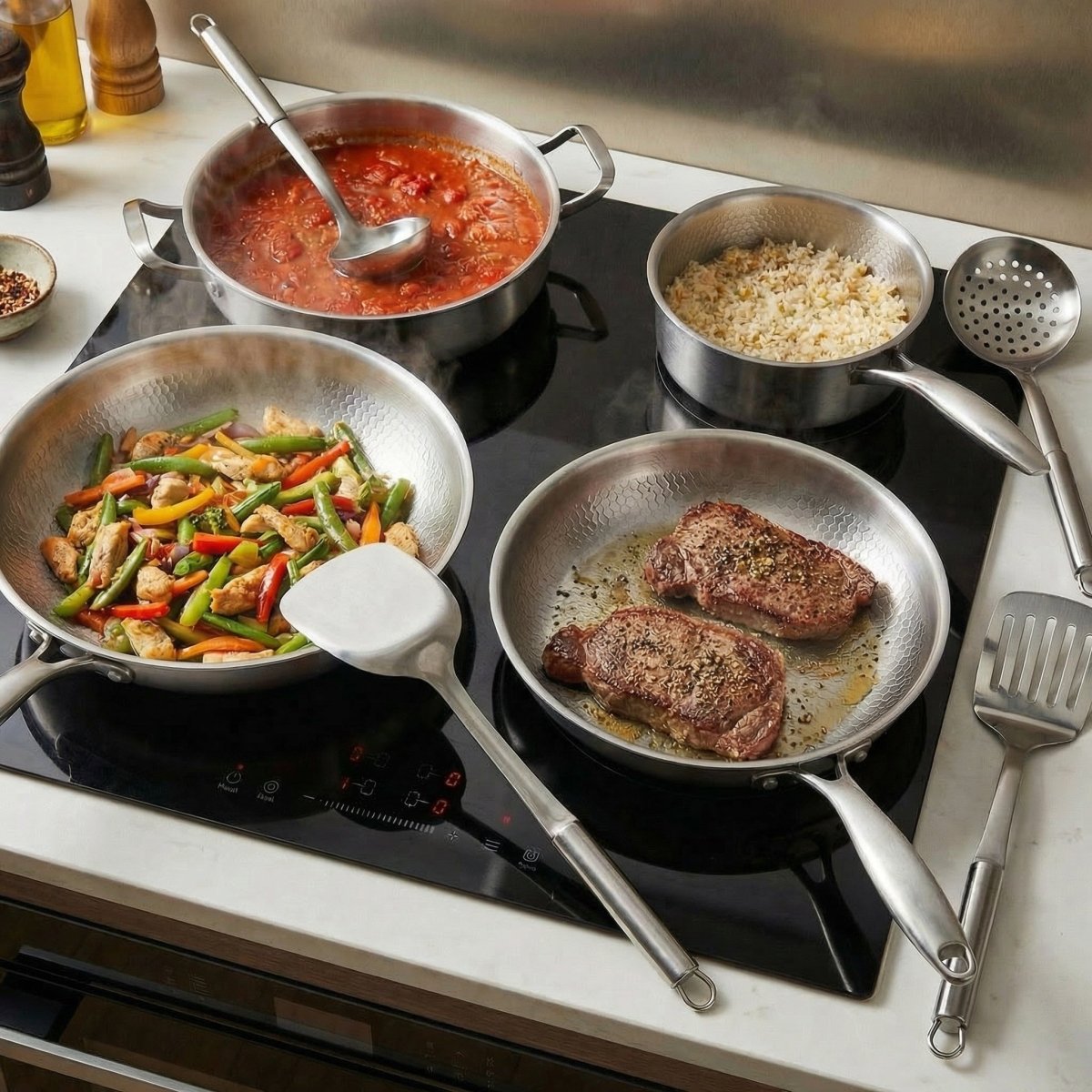 Gehämmertes Titan-Familienset: 4 Pfannen & Küchenutensilien